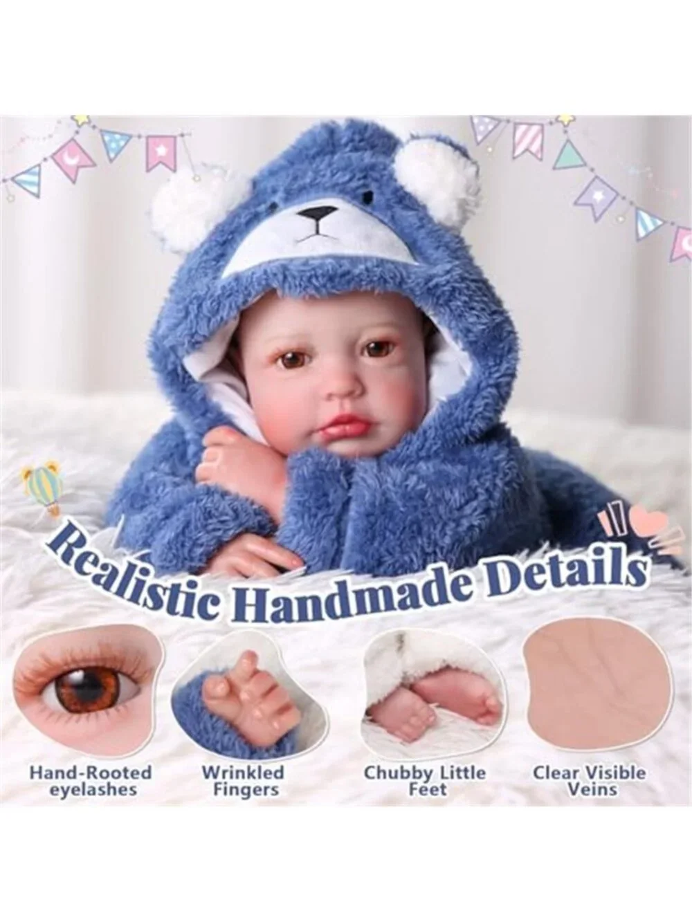 20 Inch Reborn Baby Doll Realistic Boy Blue Polar Bear Romper Vinyl Cloth Body